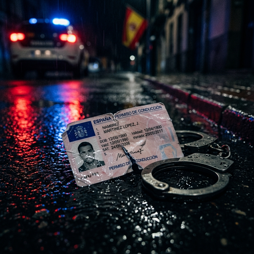 Поддельные права и наручники на мокром асфальте Испании